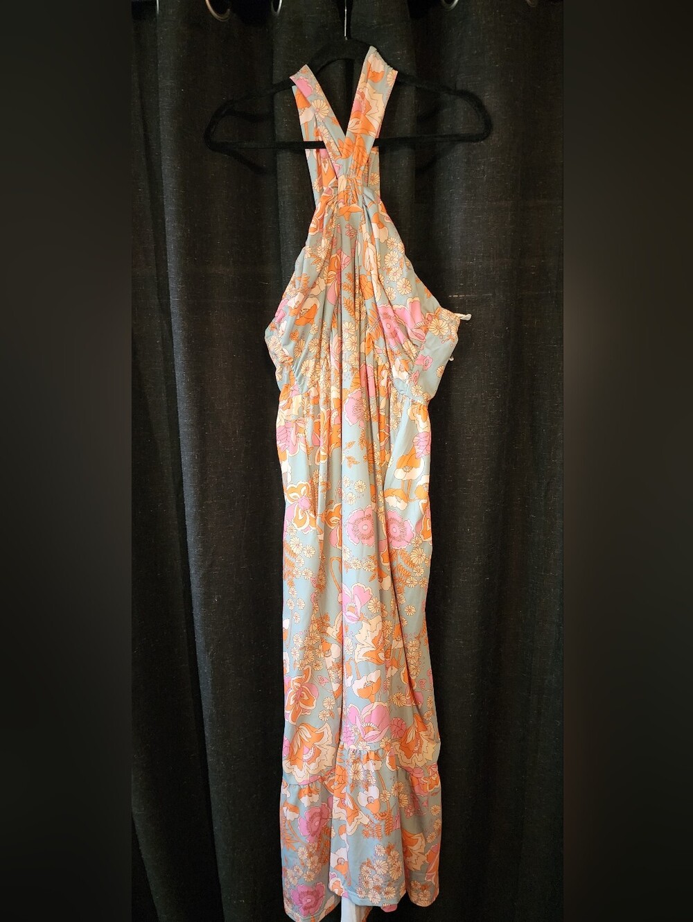 Grace Karin Floral Maxi Dress 2XL Retro Blue Orange Print Pockets Boho - Picture 4 of 7